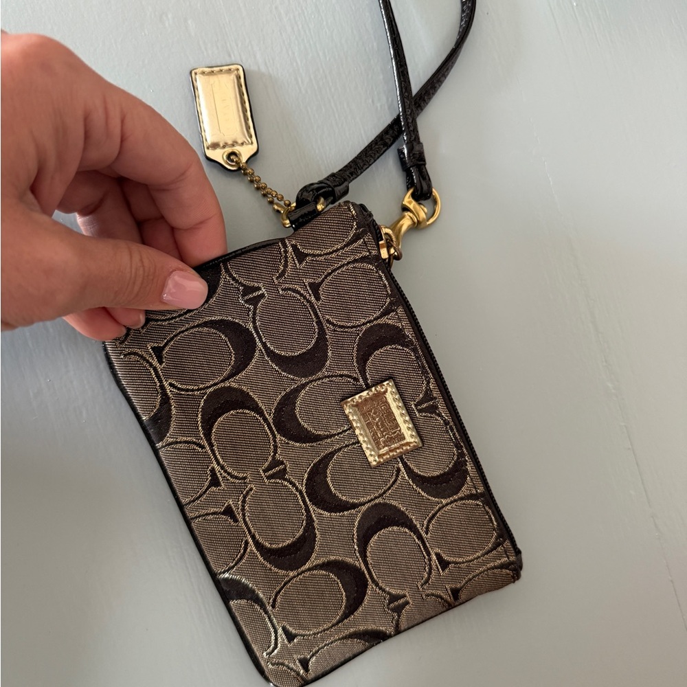 Coach Black and Gold Lanyard Wallet